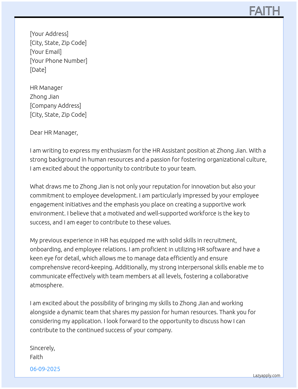 Hr Assistant At Zhong Jian Cover Letter
