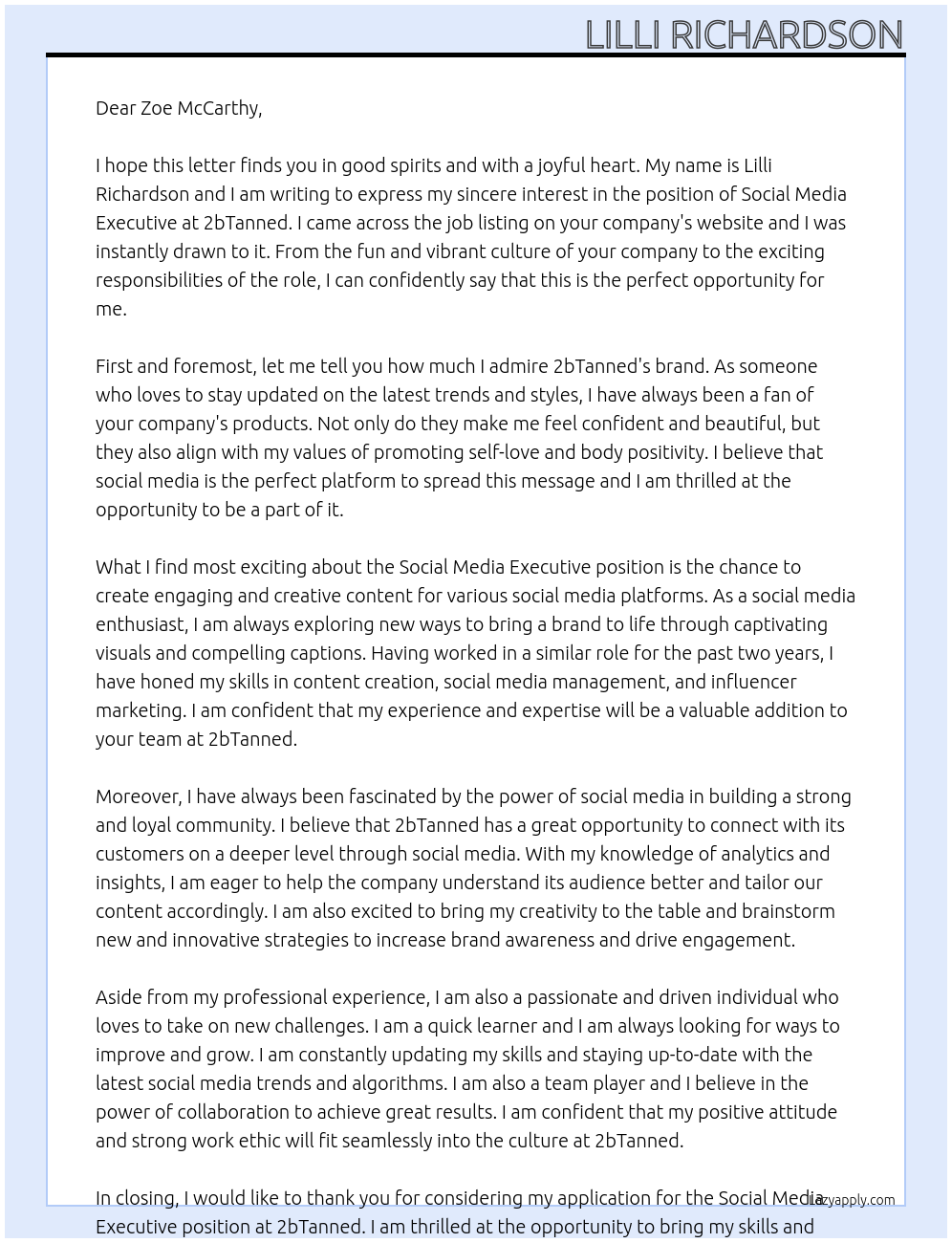 Social Media Executive At 2bTanned Cover Letter