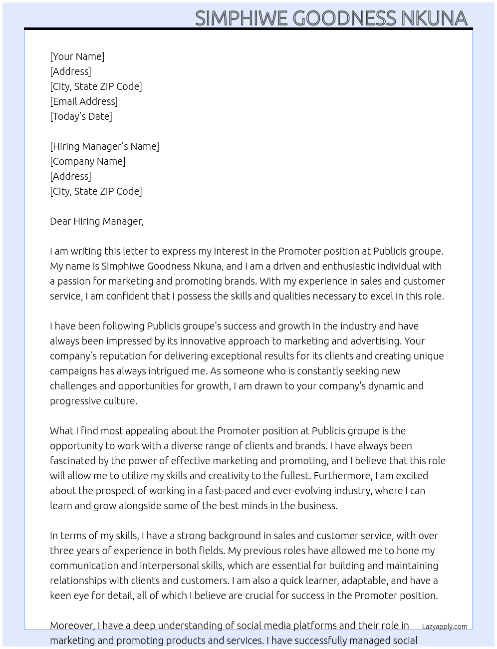 Promoter  At Publicis groupe  Cover Letter