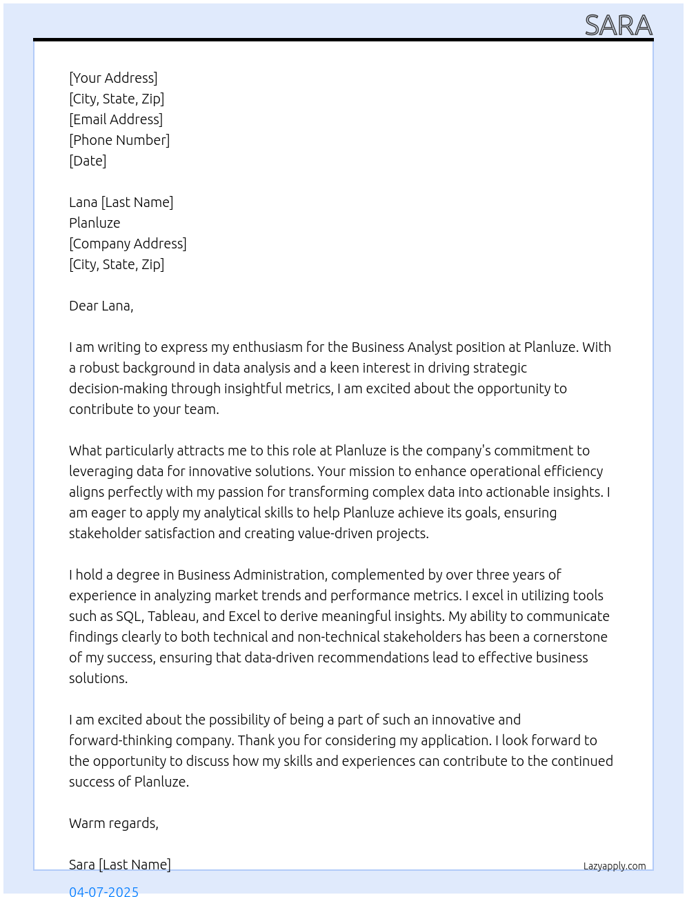 business analyst At Planluze Cover Letter