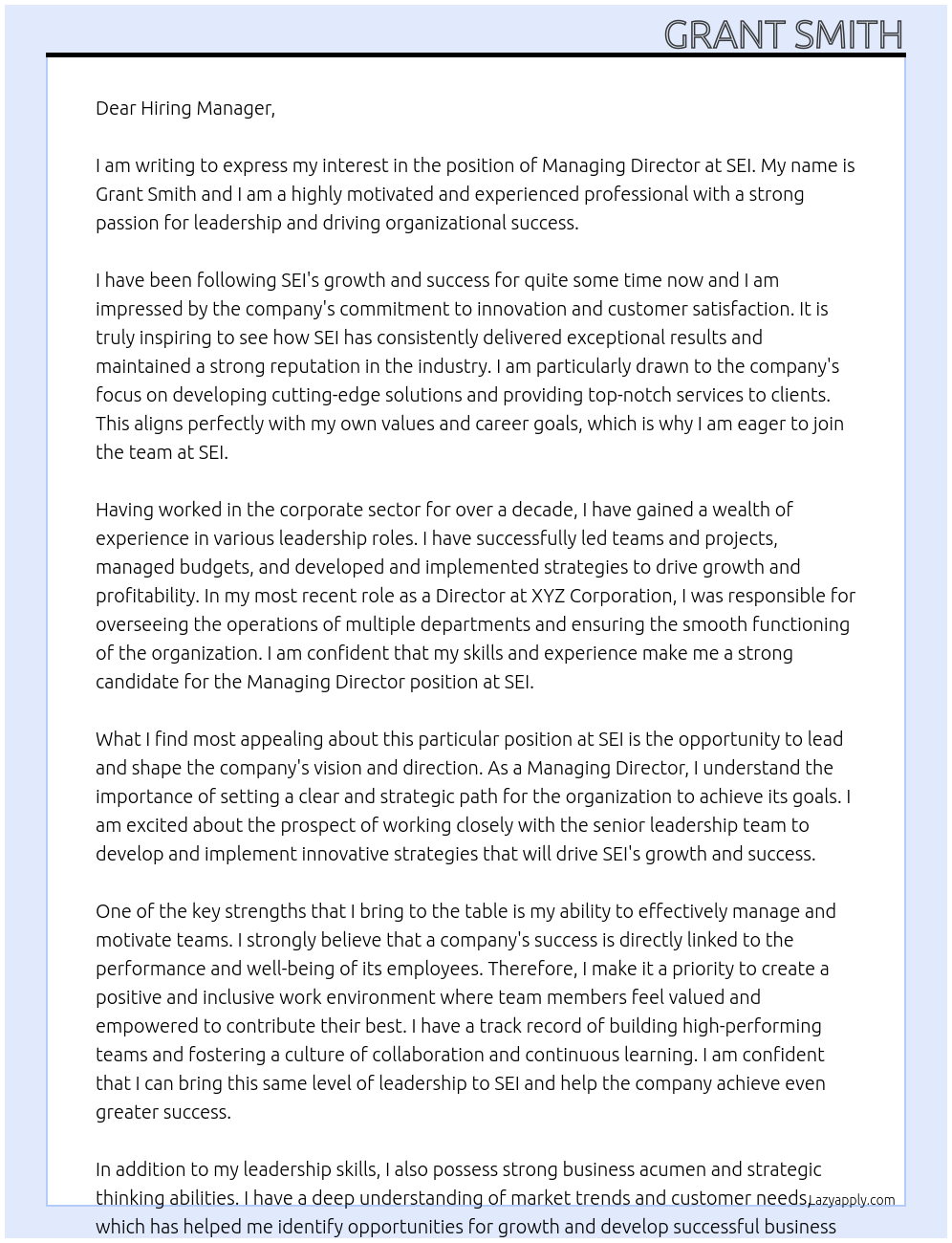 Managing Director At SEI Cover Letter