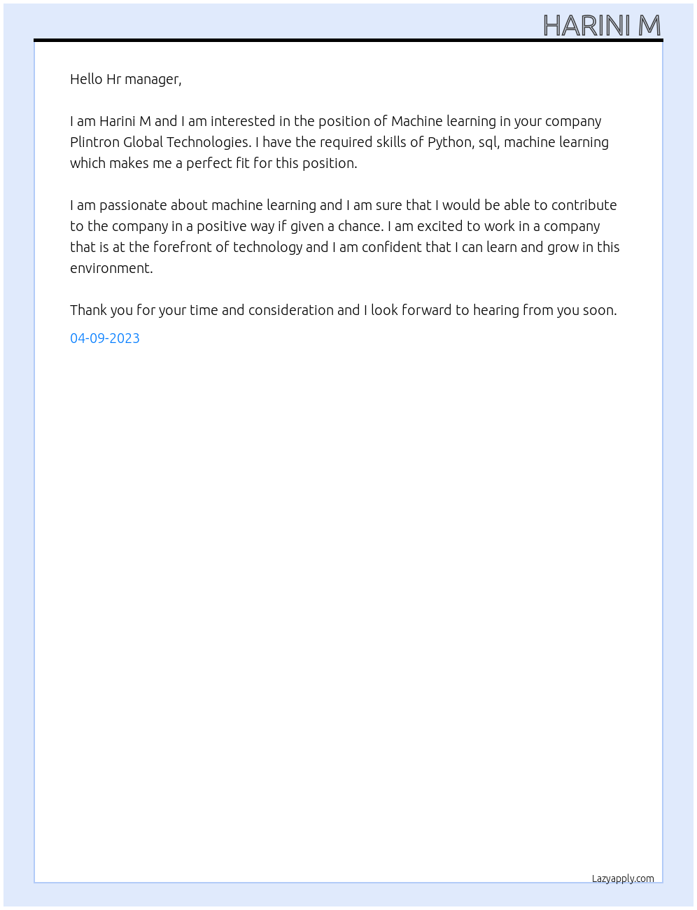 Machine learning At Plintron Global Technologies Cover Letter