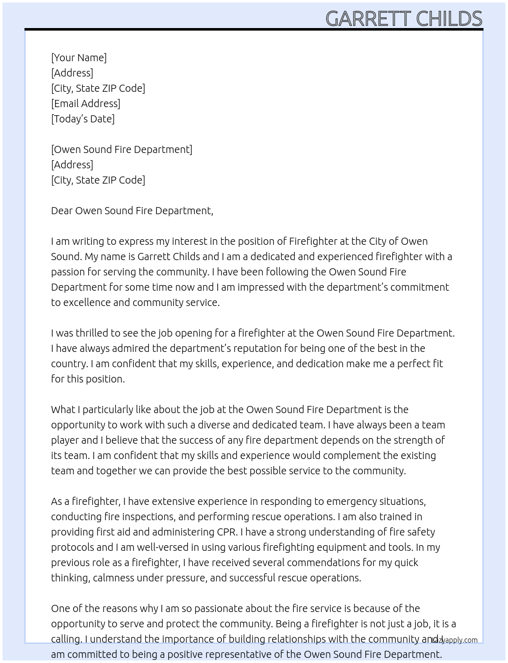 Firefighter At The City Of Owen Sound Cover Letter