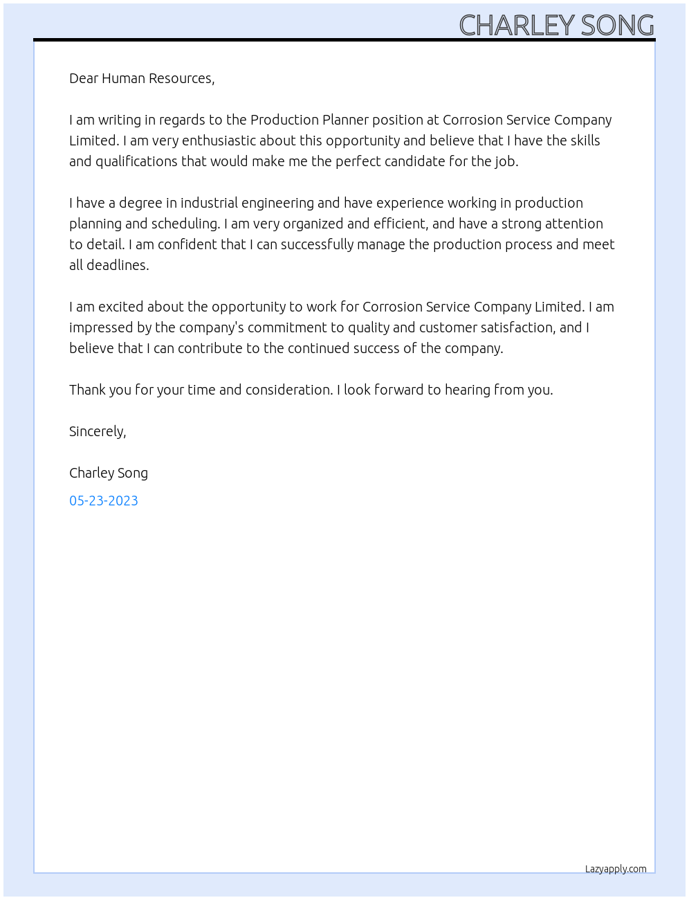 Production Planner At Corrosion Service Company Limited Cover Letter