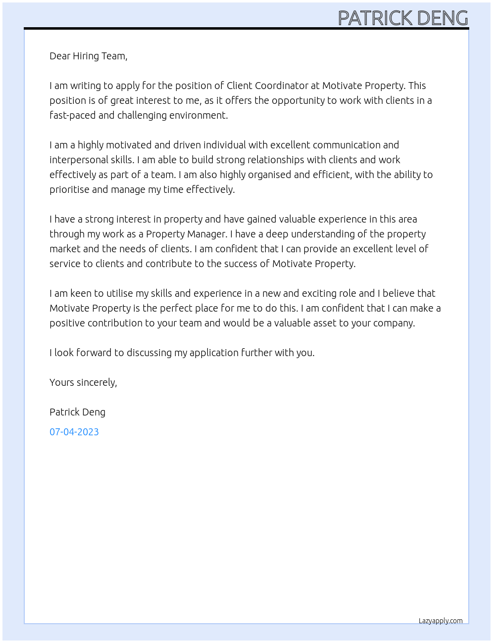 Client Coordinator At Motivate Property Cover Letter