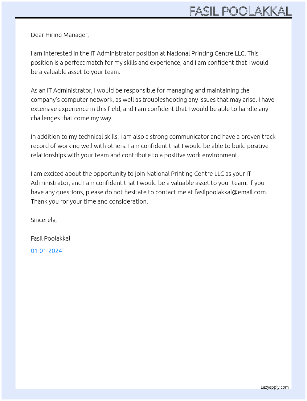 IT Administrator At National Printing Centre LLC Cover Letter