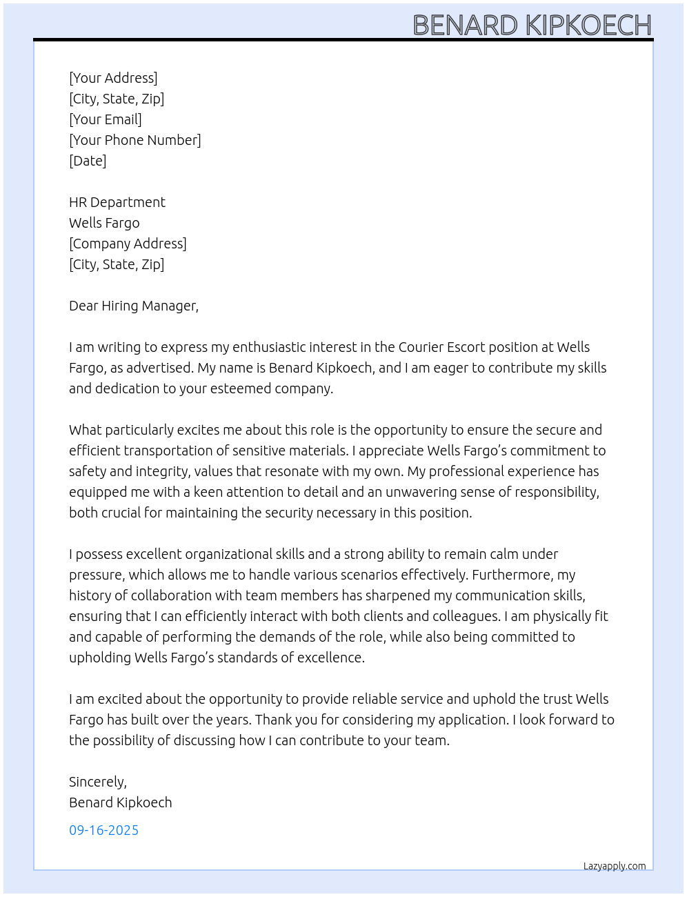 Courier Escort's position At Wells Fargo Cover Letter