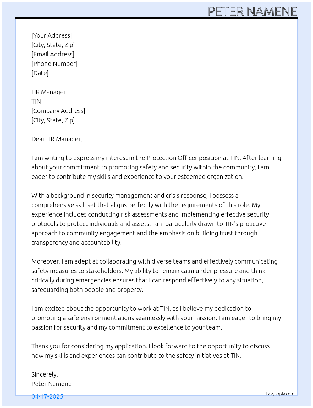 Protection Officer At TIN Cover Letter