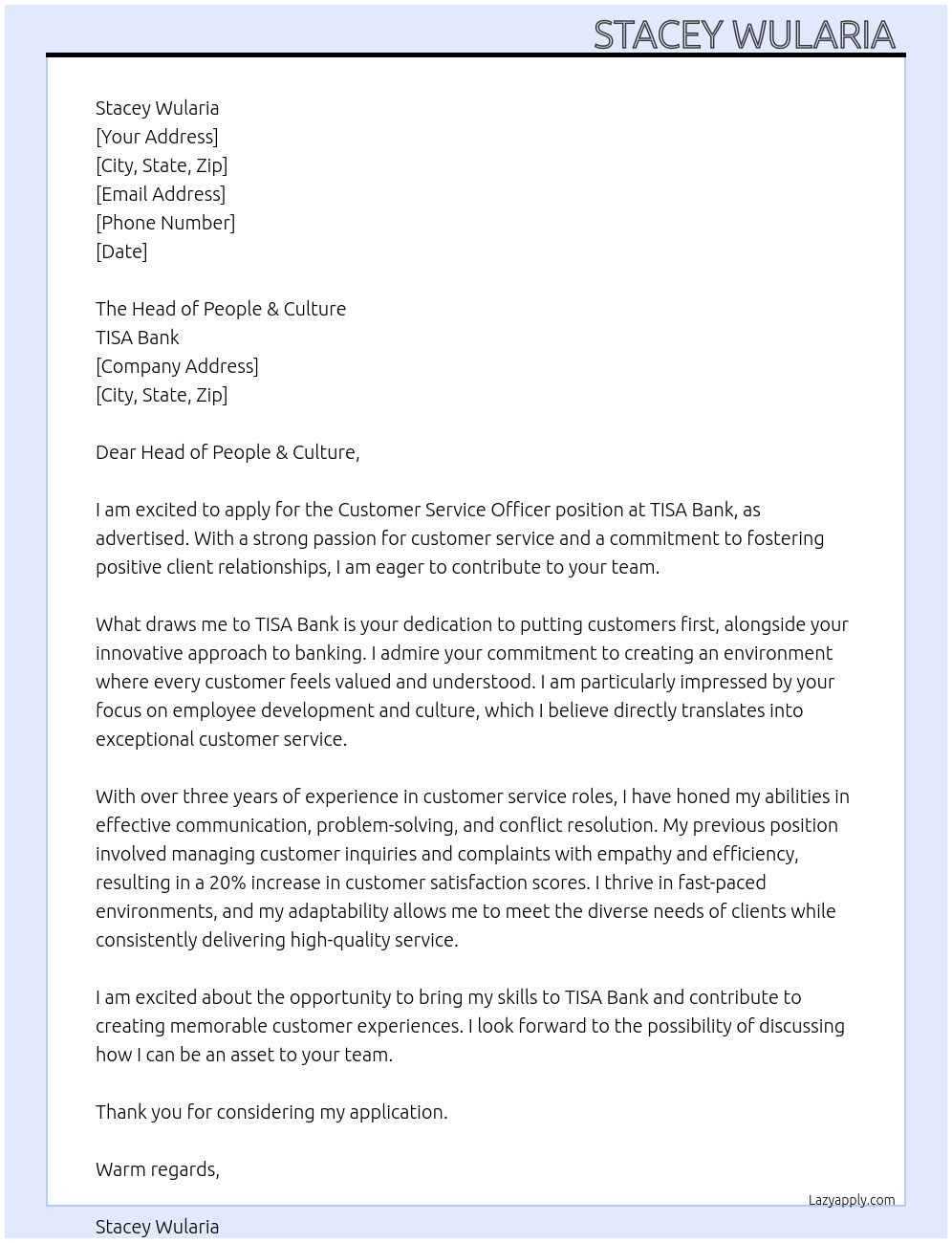 Customer Service Officer At TISA Bank Cover Letter