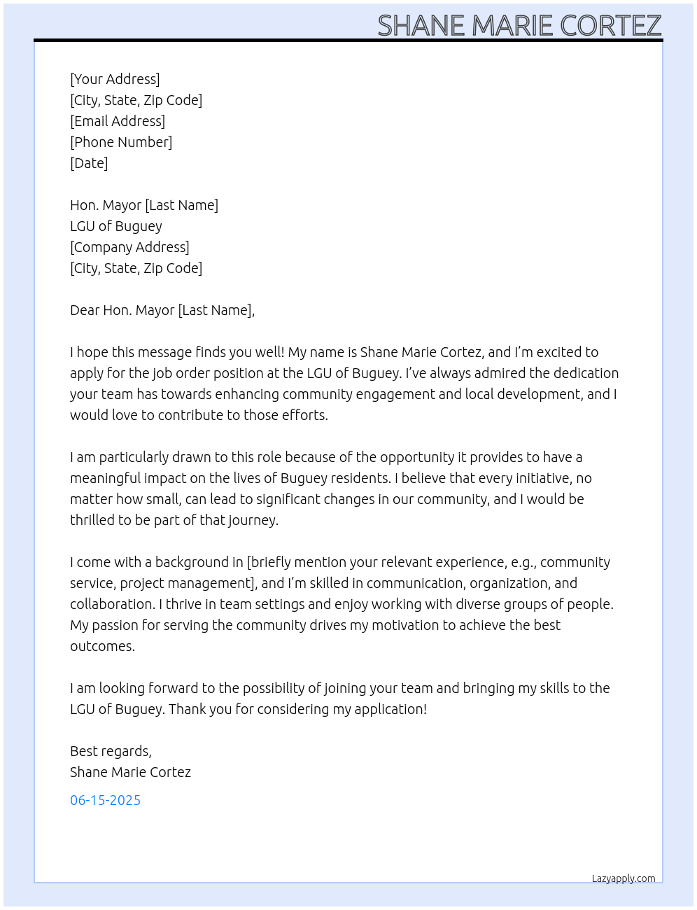 job order At lgu of buguey Cover Letter