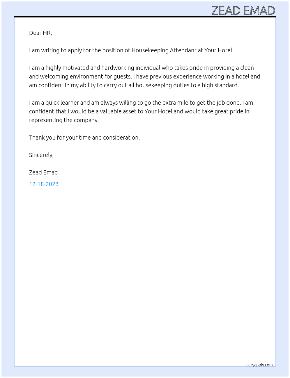 Housekeeping Attendant  At Your Hotel Cover Letter