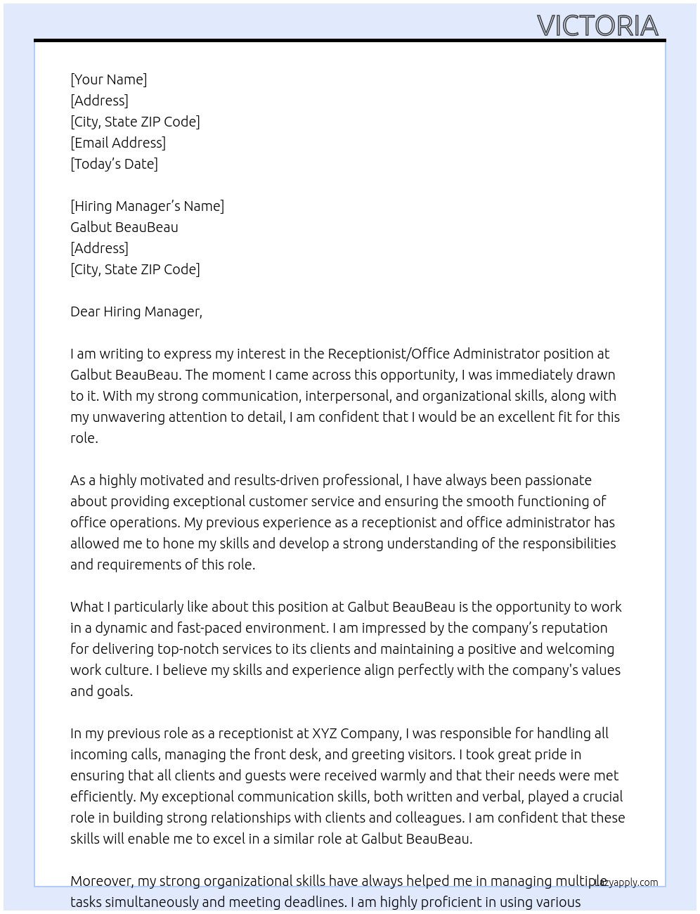 Receptionist/ Office Administrator  At Galbut BeauBeau Cover Letter