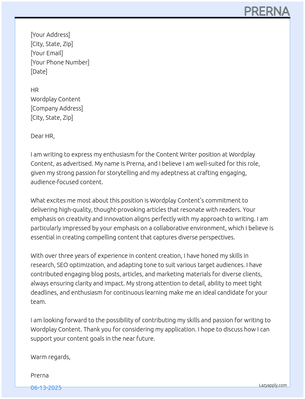 Content Writer At Wordplay Content Cover Letter