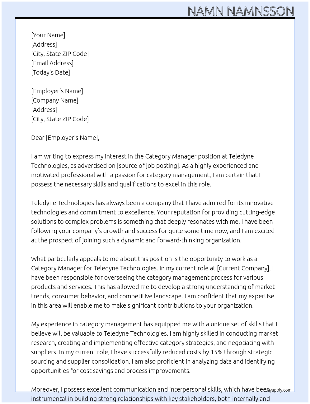 Category Manager At Teledyne Technologies Cover Letter