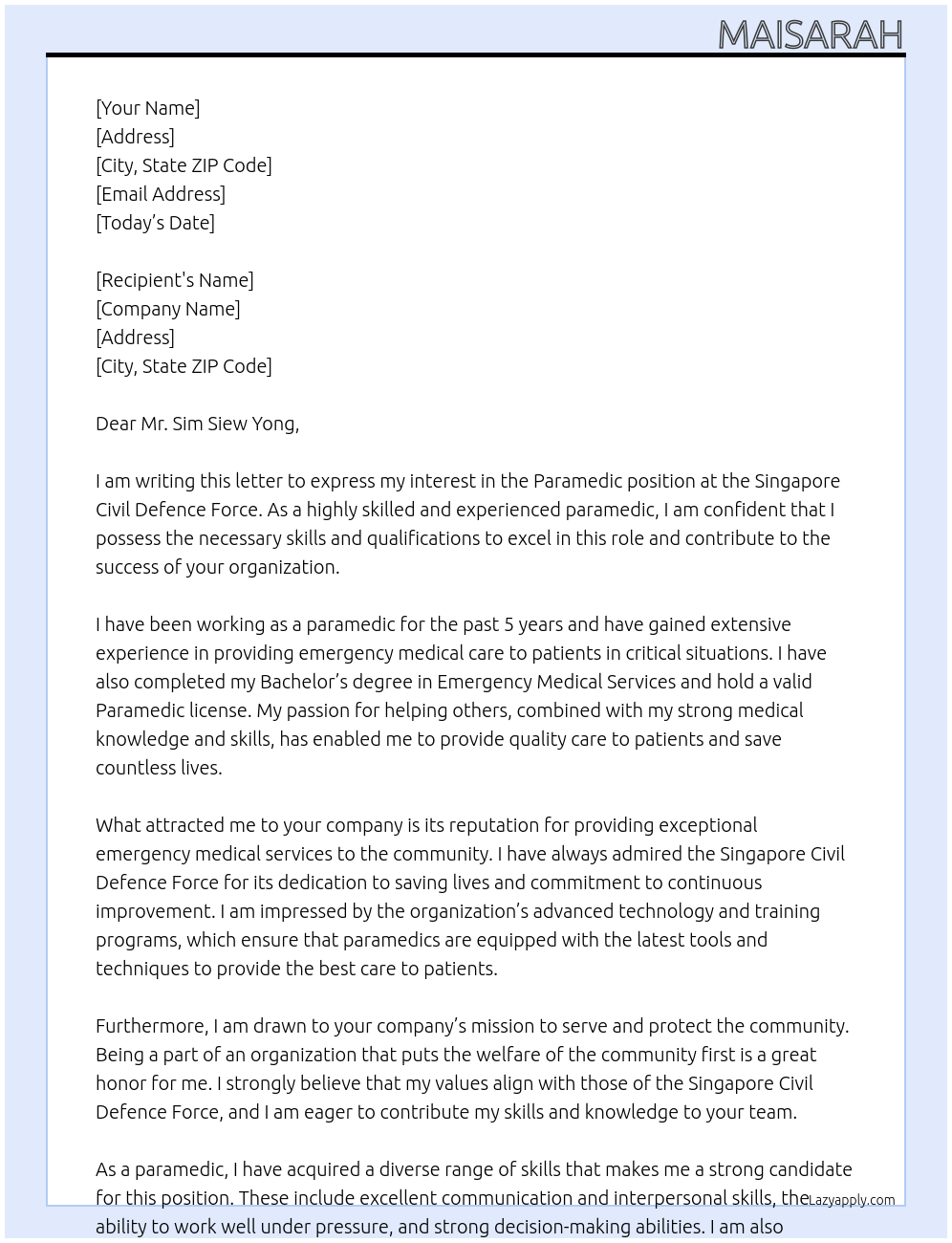 Paramedic At Singapre Covil Defence Force Cover Letter
