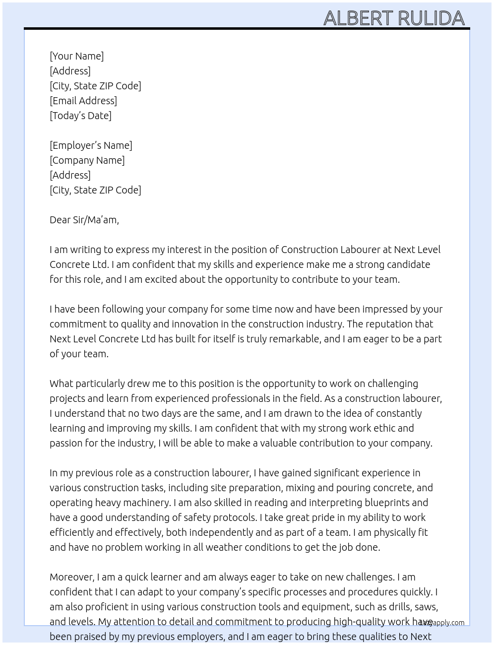 construction labourer At Next level concrete Ltd Cover Letter