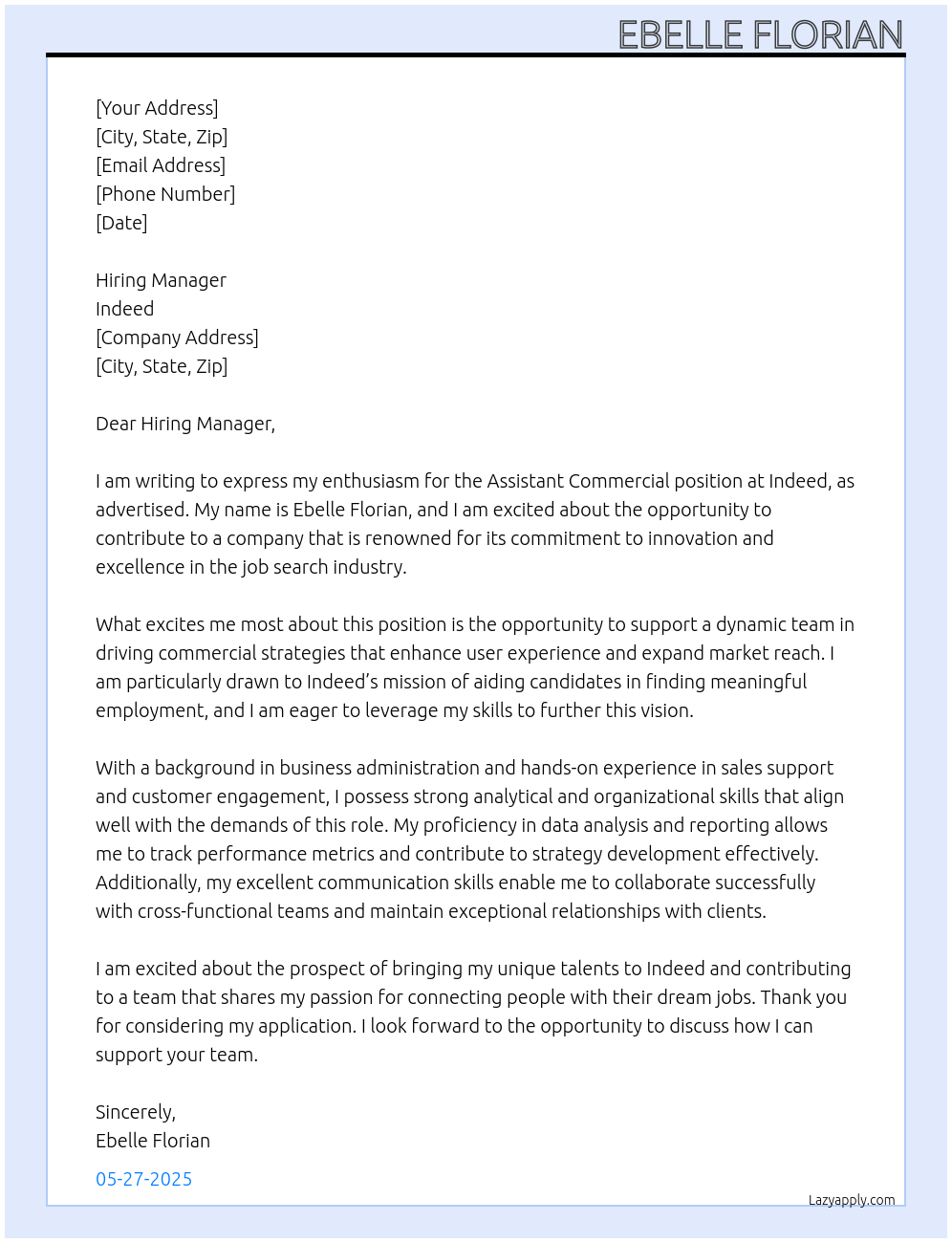 Assistant commercial At indeed Cover Letter