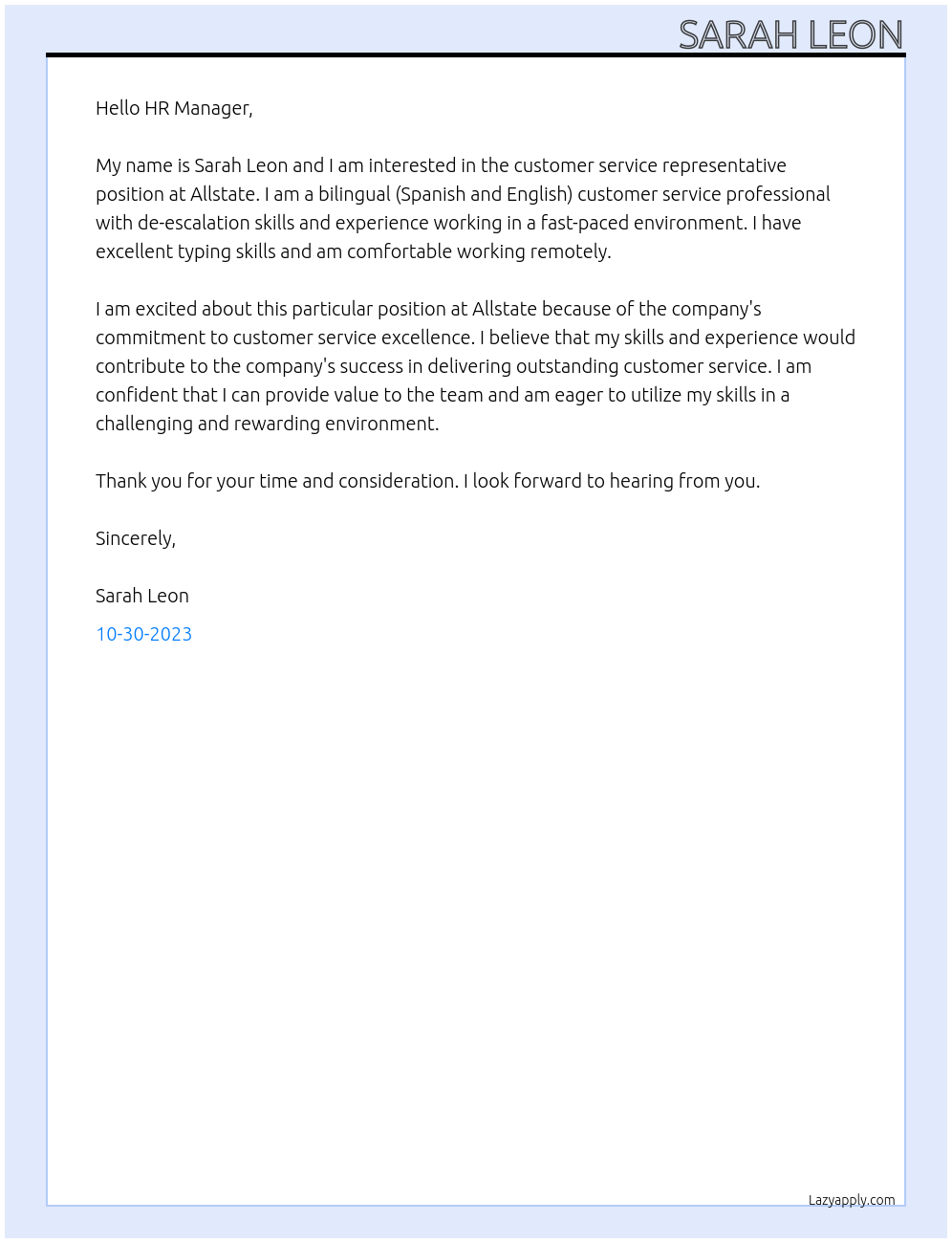 customer service rep At ALLSTATE Cover Letter