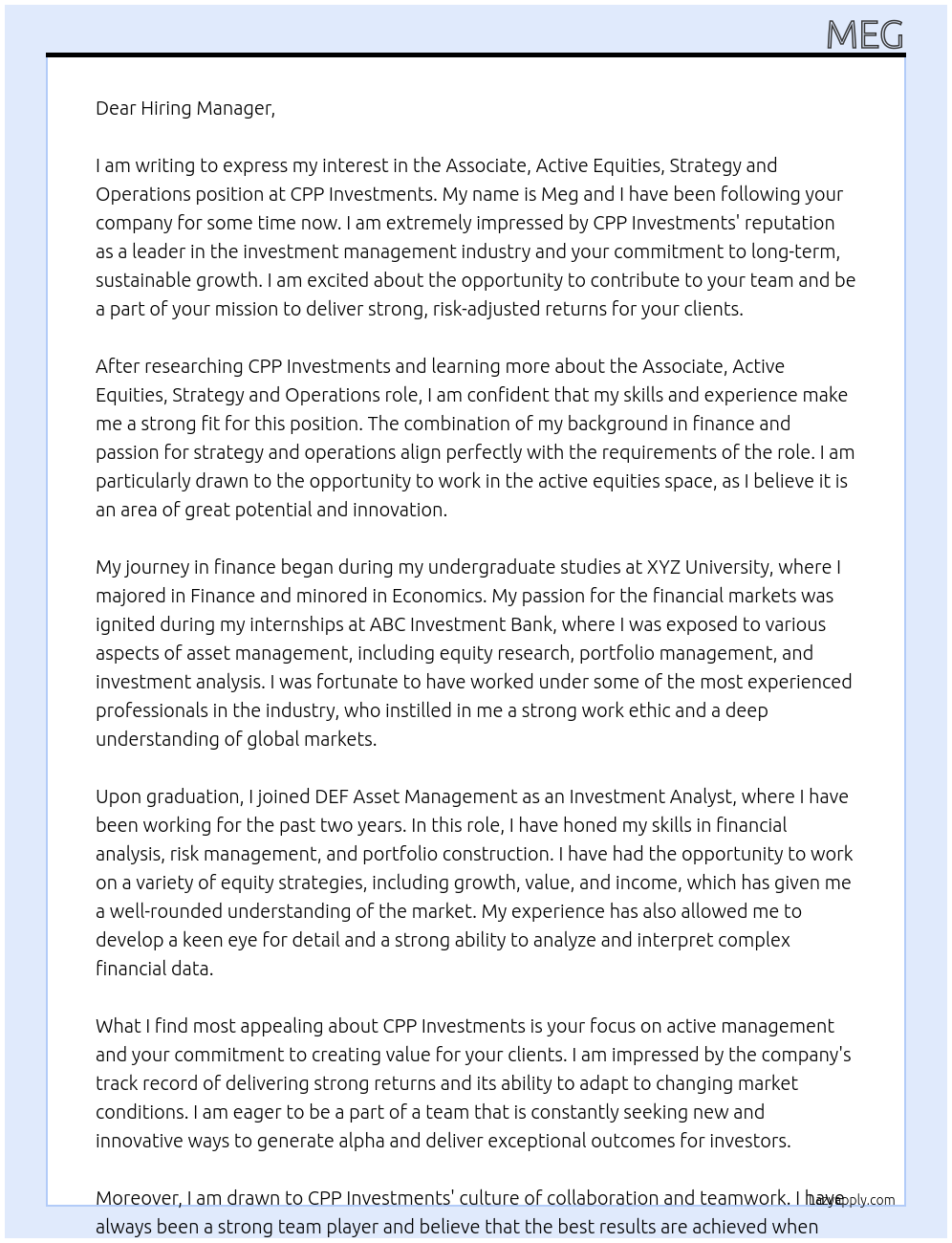 Associate, Active Equities, Strategy and Operations At CPP Investments Cover Letter