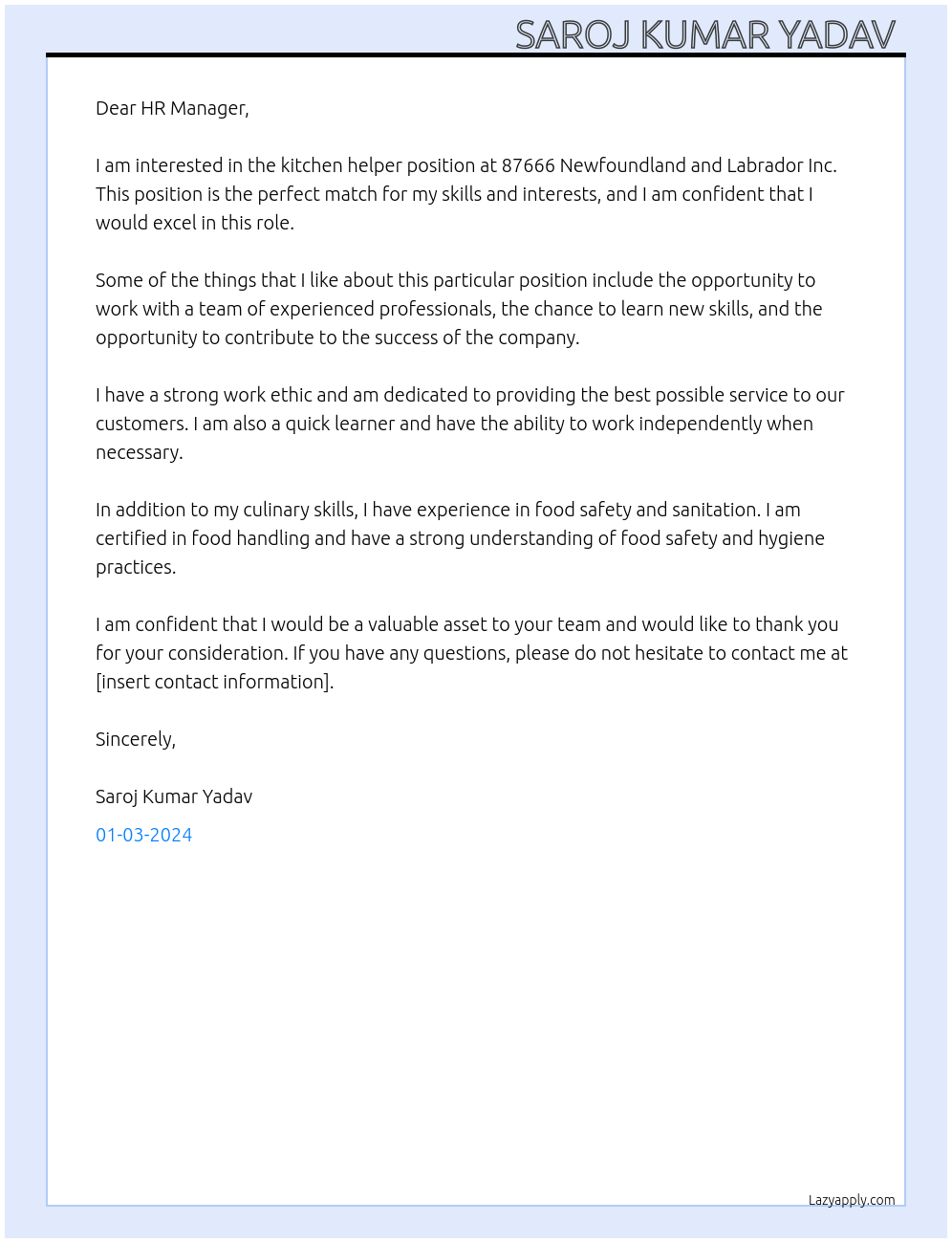 Kitchen Helper  At 87666 NEWFOUNDLAND AND LABRADOR INC. Cover Letter