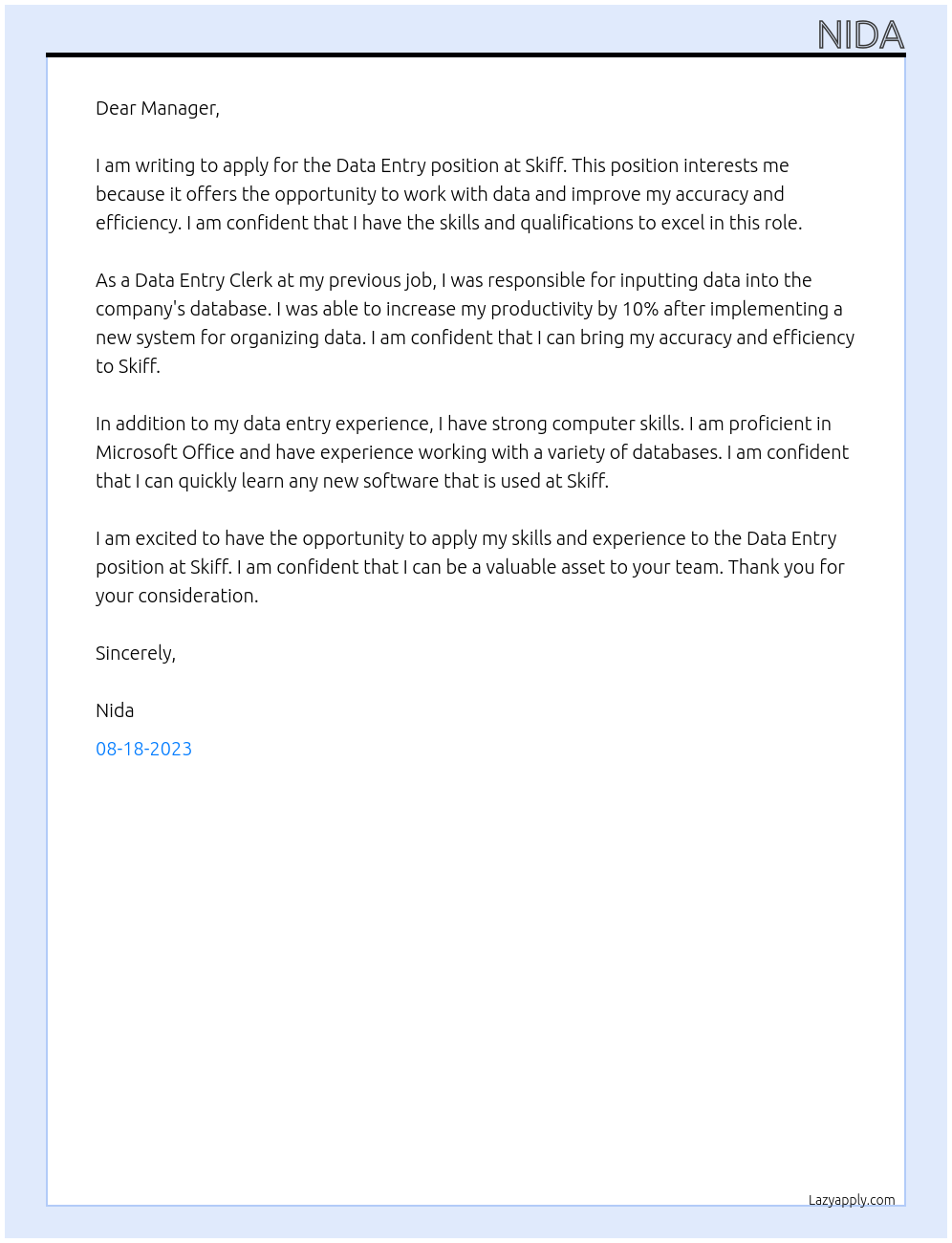 Data entry job At Skiff Cover Letter