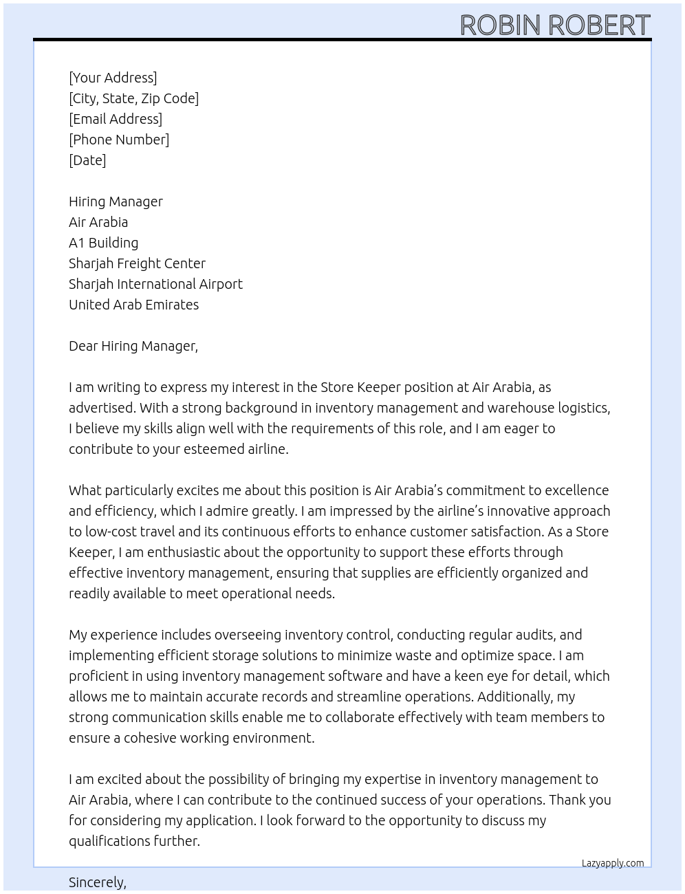 STORE KEEPER At AIR ARABIA Cover Letter