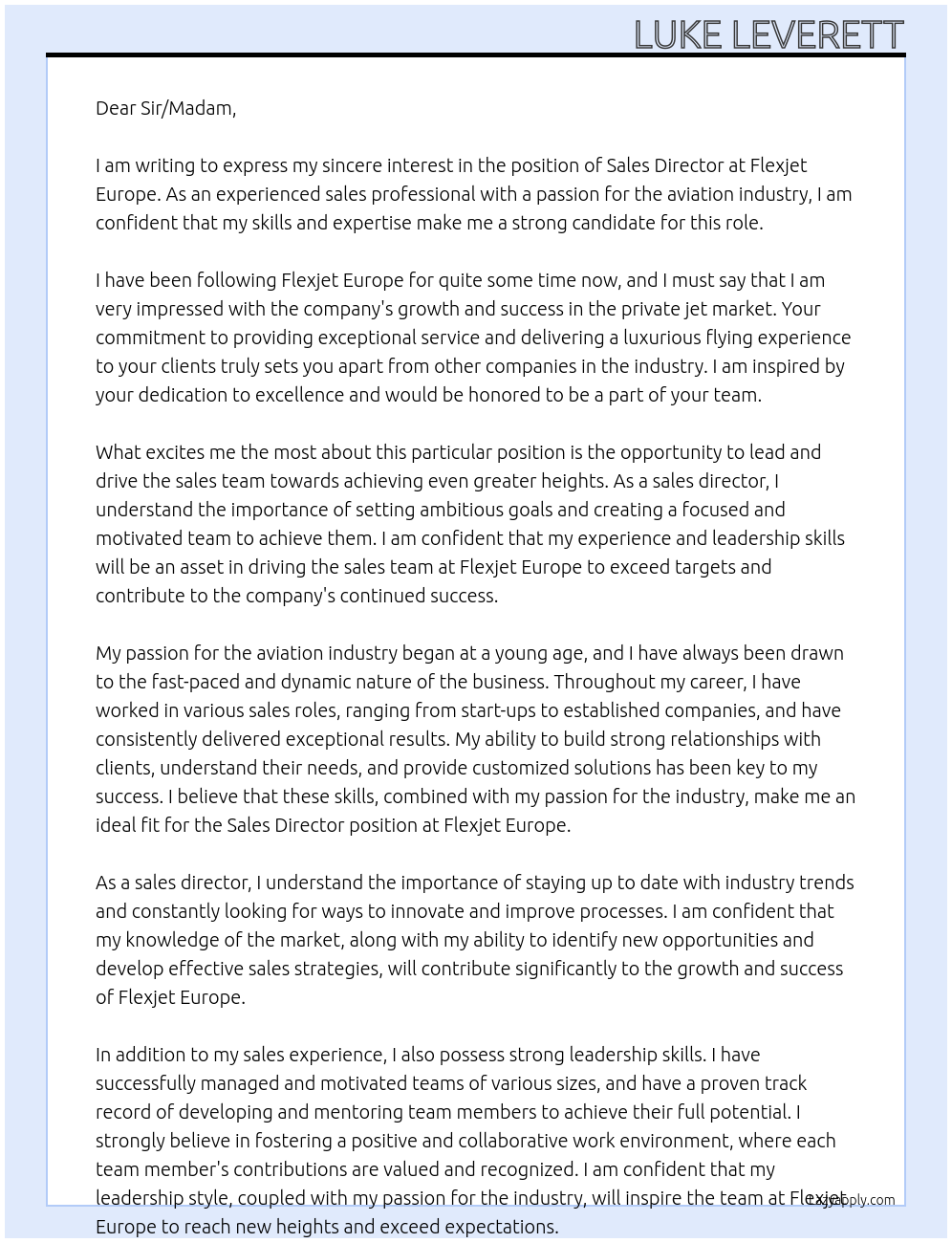 Sales Director At Flexjet Europe Cover Letter