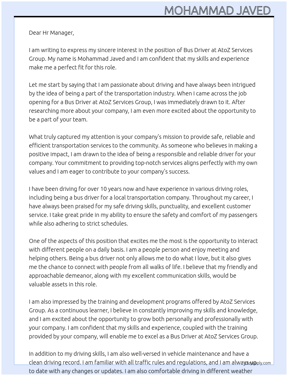 Bus driver At AtoZ services group Cover Letter