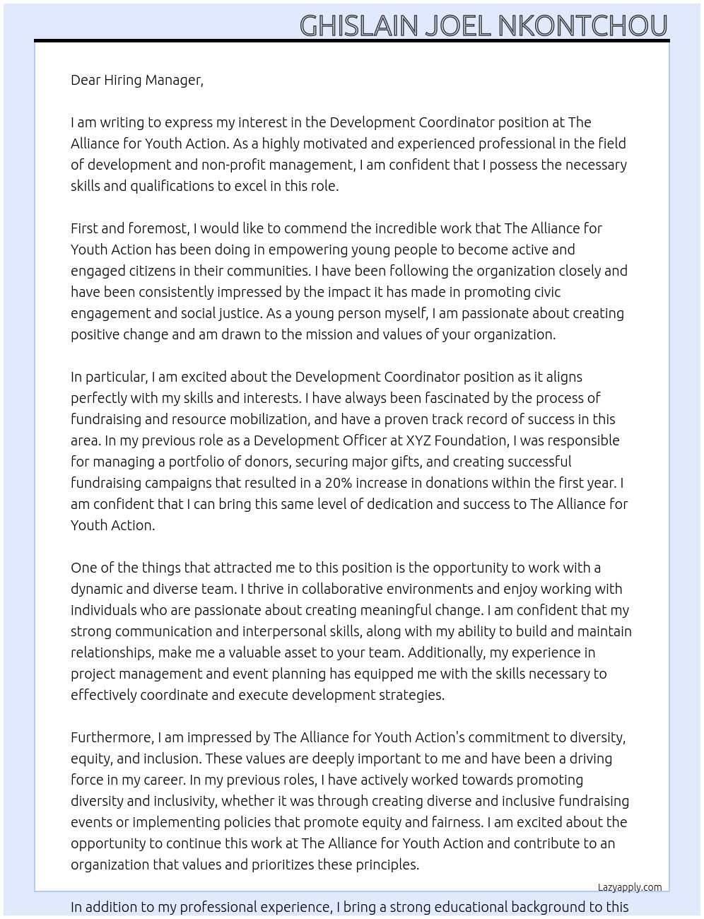 Development Coordinator At The Alliance for Youth Action Cover Letter