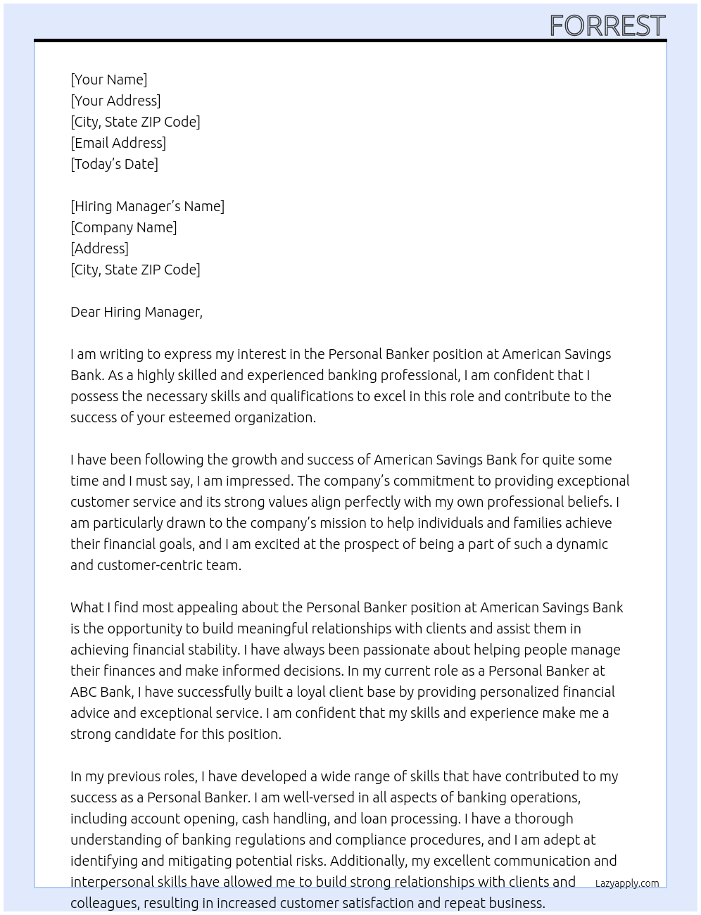 Personal Banker At American Savings Bank Cover Letter