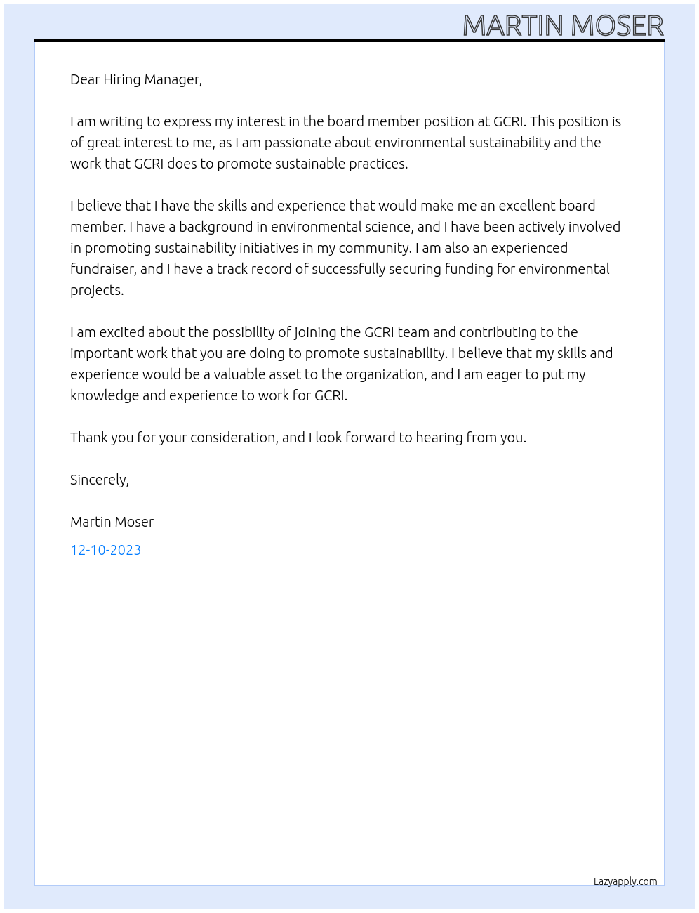 Board member At GCRI Cover Letter