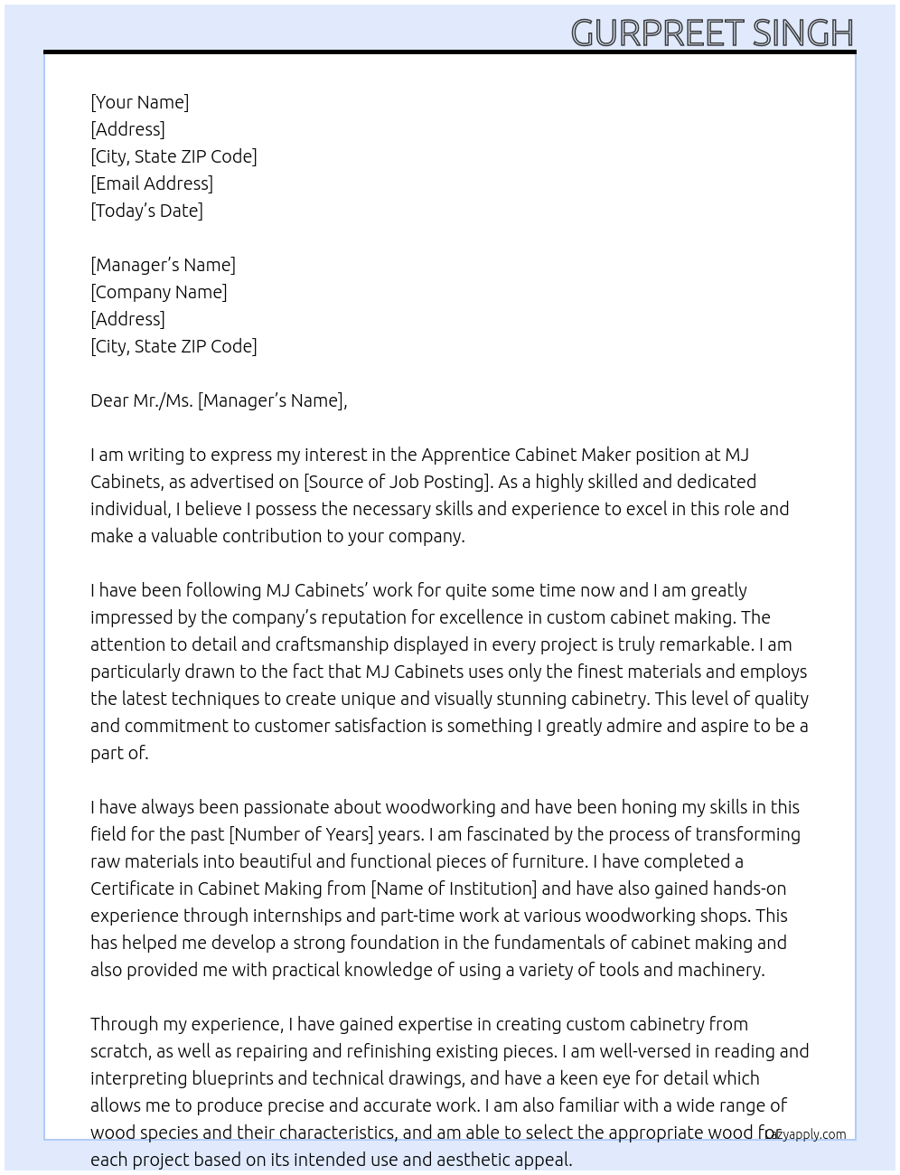 Cabinet Maker At MJ Cabinets Cover Letter