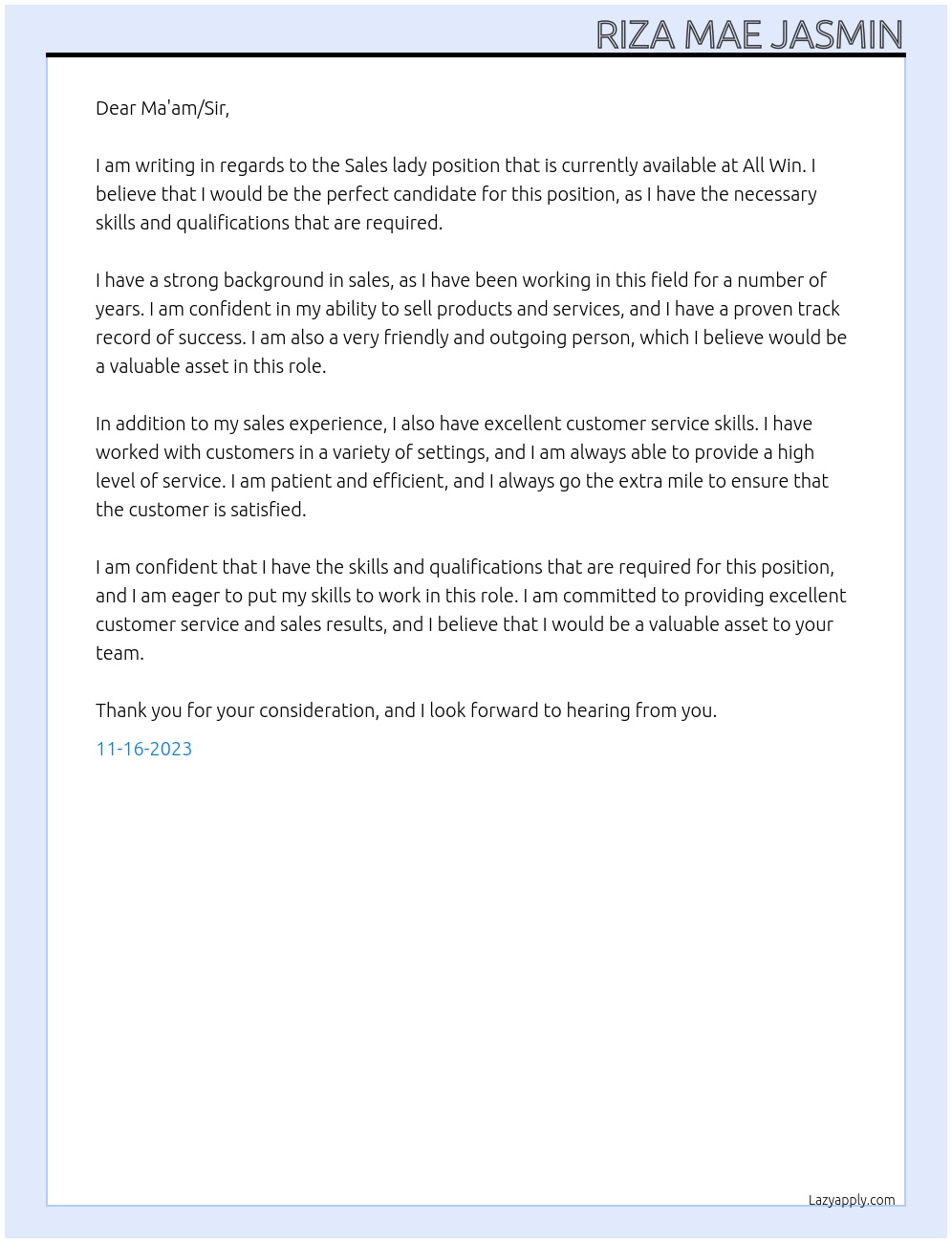 Sales lady At All Win Cover Letter