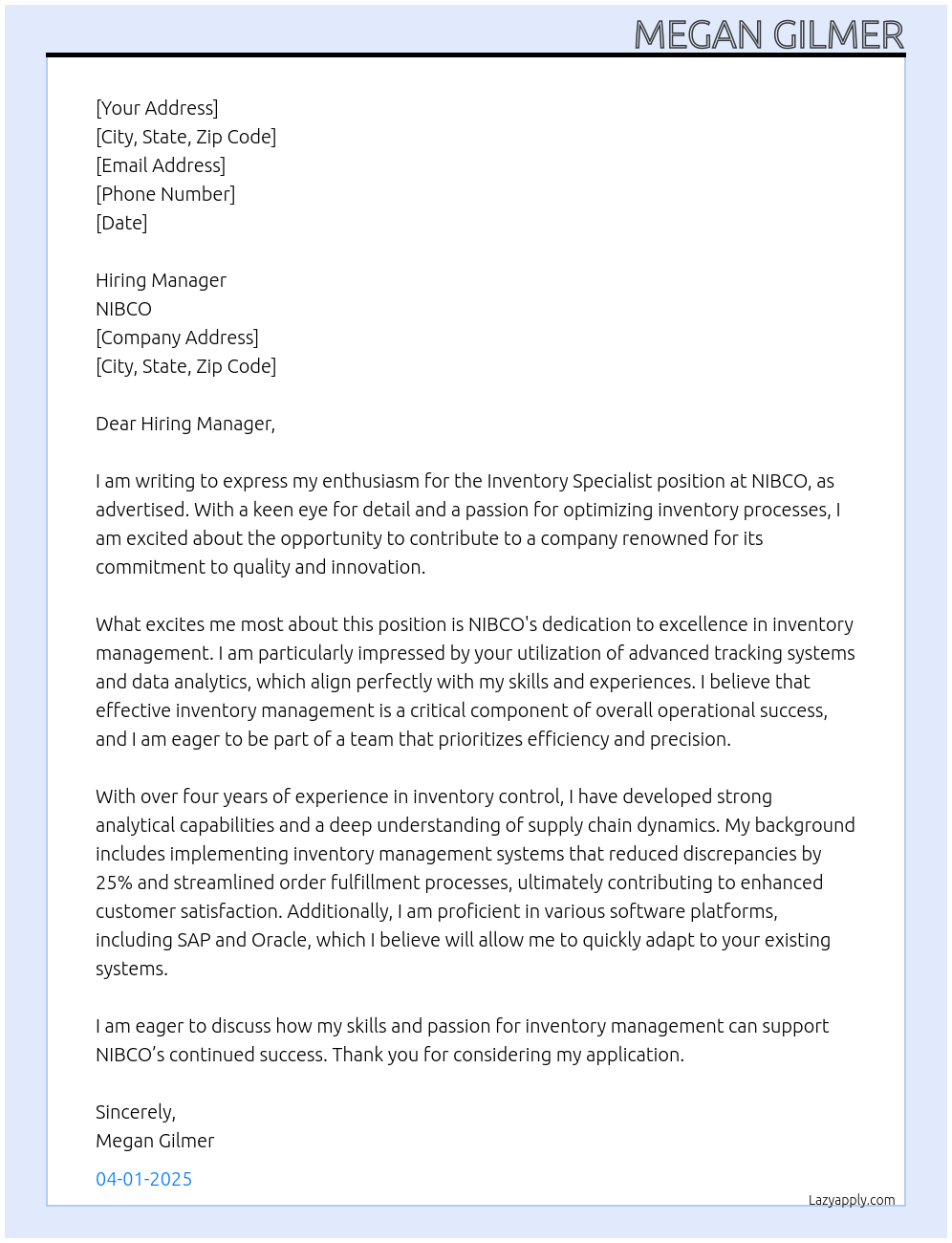 Cover letter for inventory specialist - LazyApply