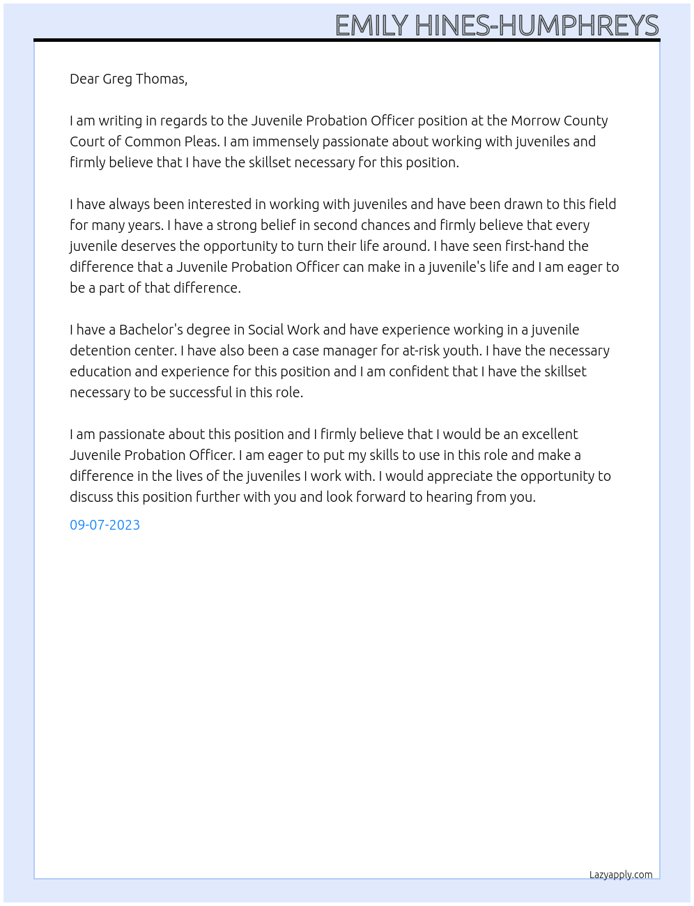 Juvenile Probation Officer At Morrow County Court of Common Pleas Cover Letter