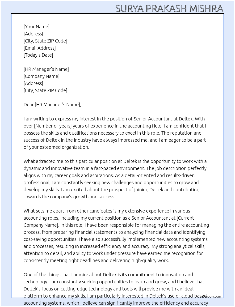 Senior Accountant At Deltek Cover Letter