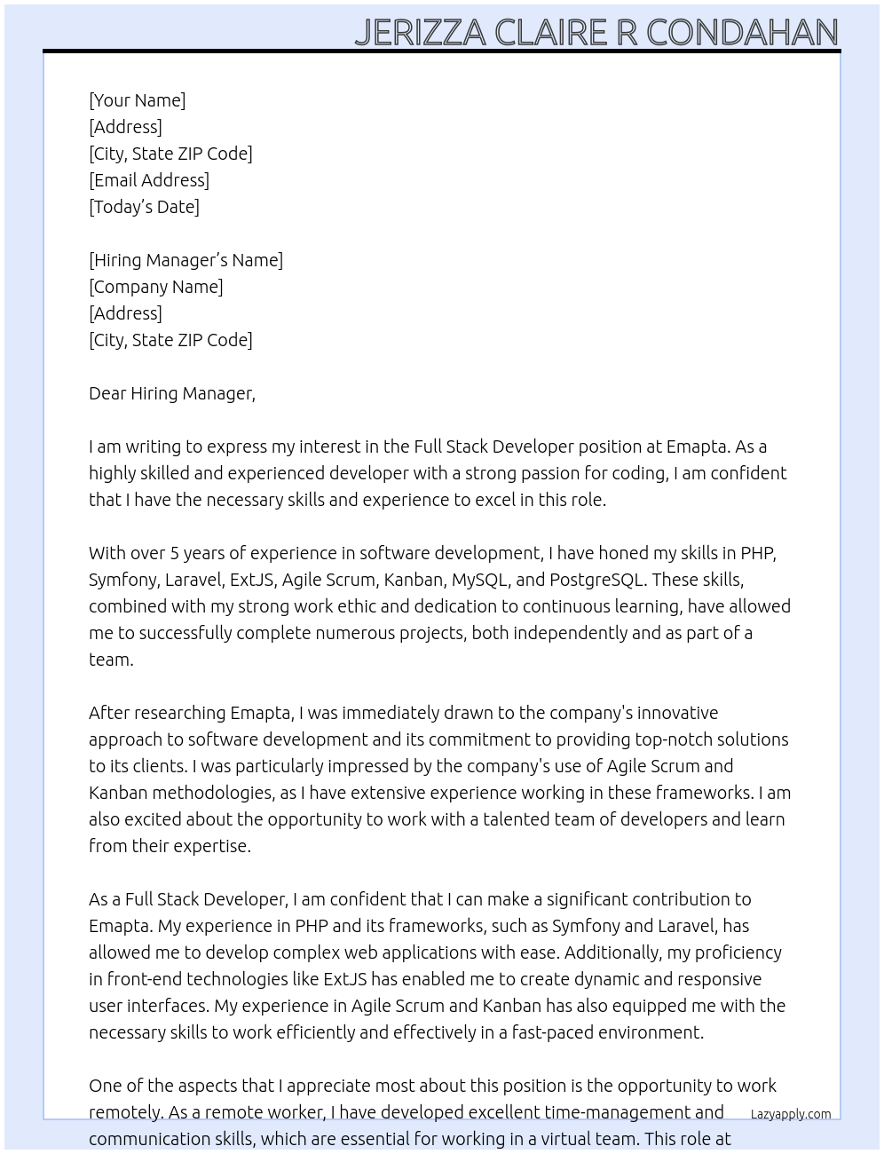 Full Stack Developer At Emapta Cover Letter