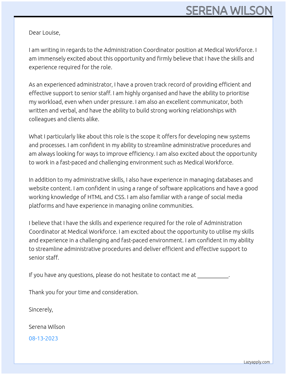 Administration Coordinator At Medical Workforce Cover Letter