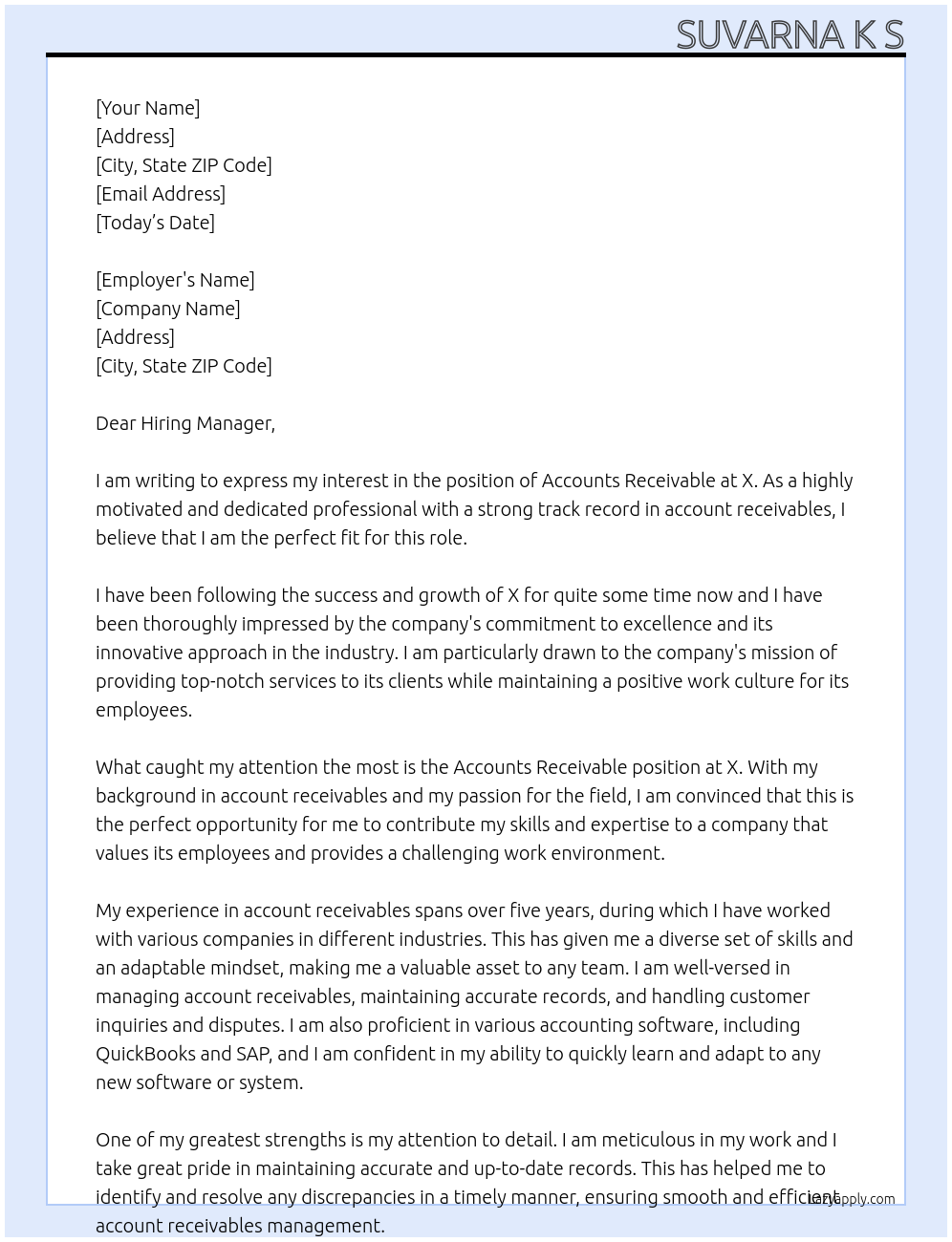 Accounts Receivable At X Cover Letter