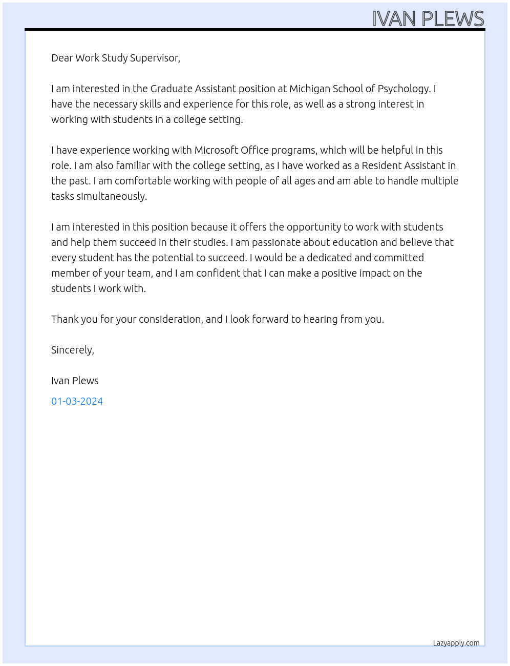 Graduate Assistant At Michigan School of Psychology Cover Letter