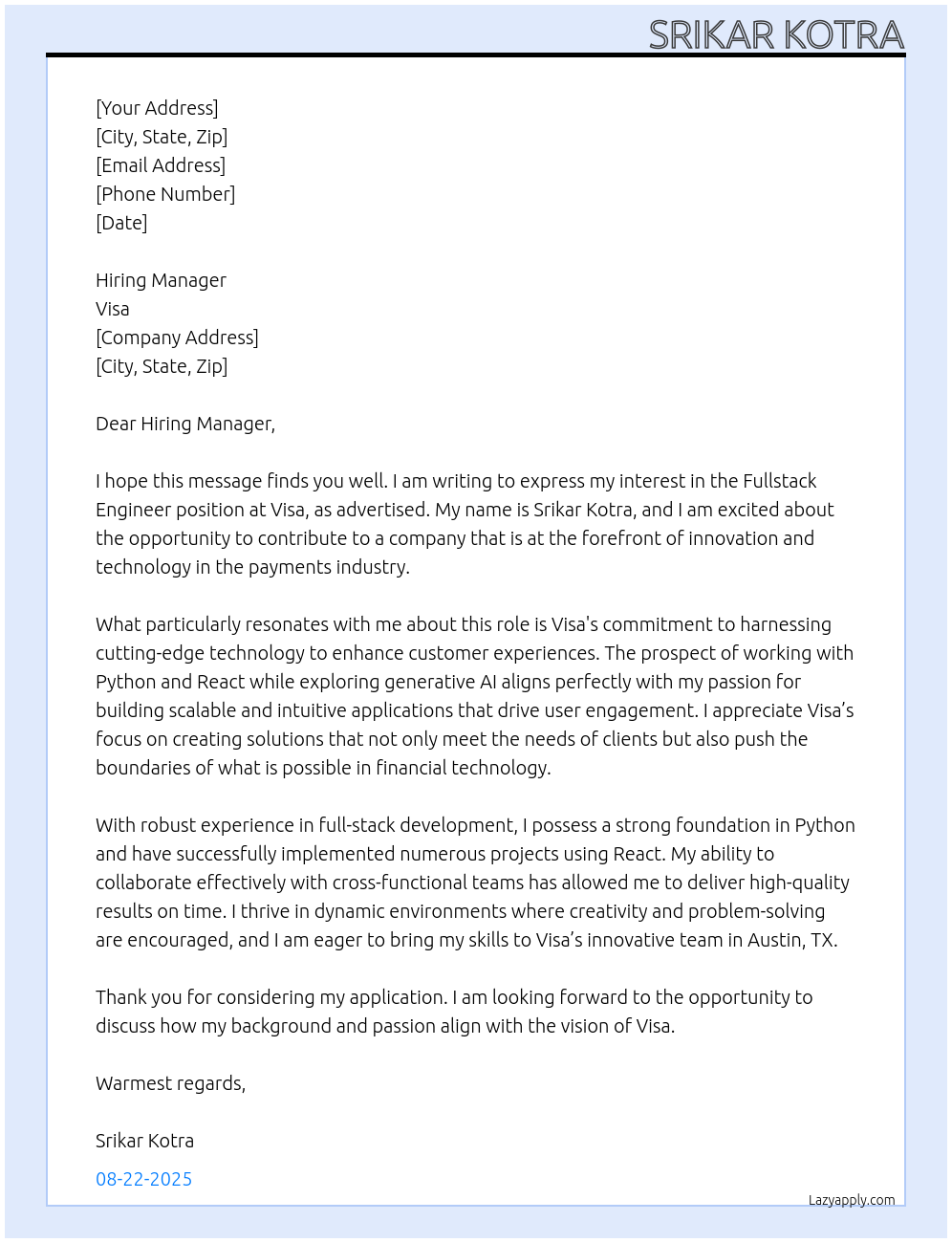 Staff Fullstack Engineer (Python, React, GenAI) At Visa Cover Letter