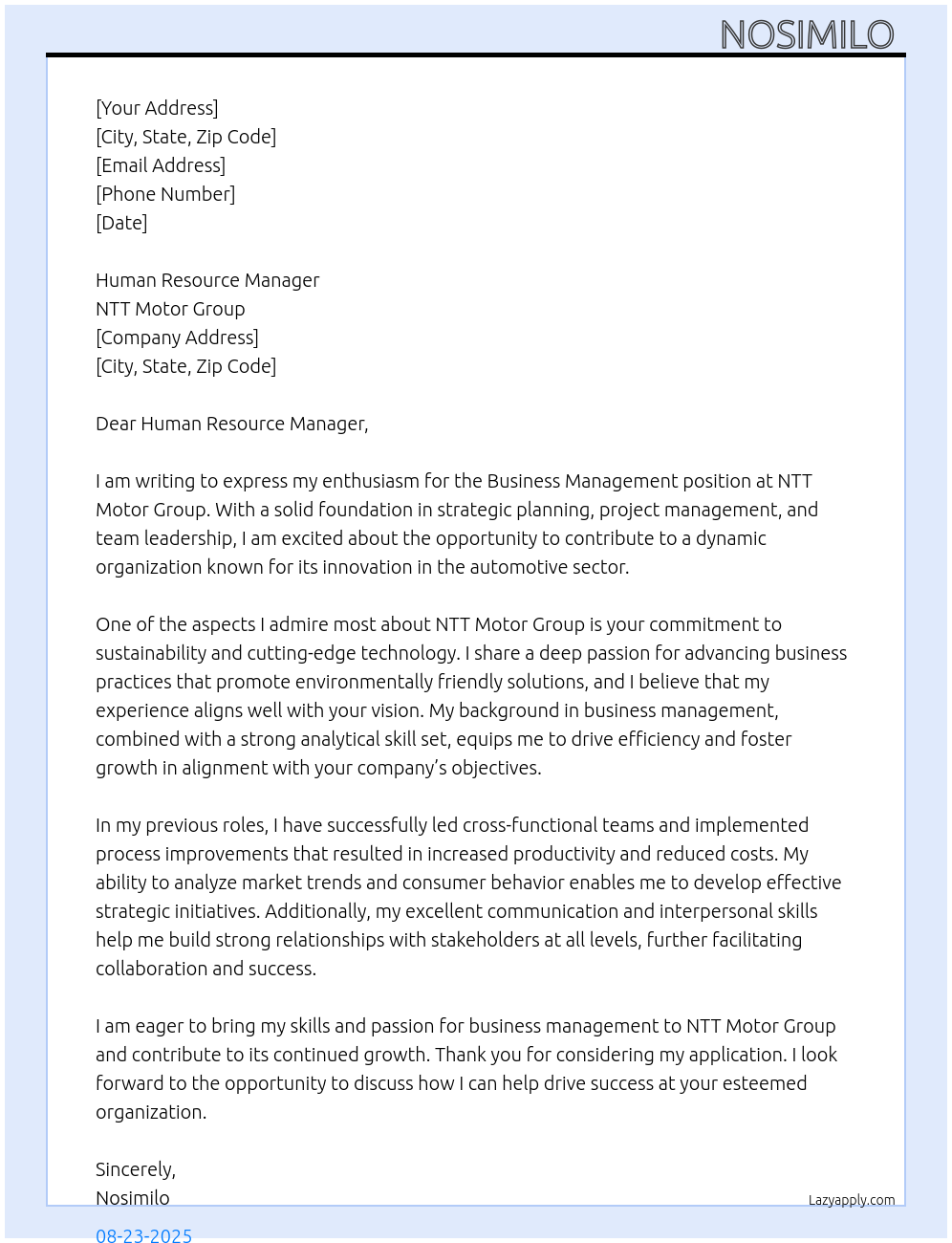 Business management At NTT Motor Group Cover Letter