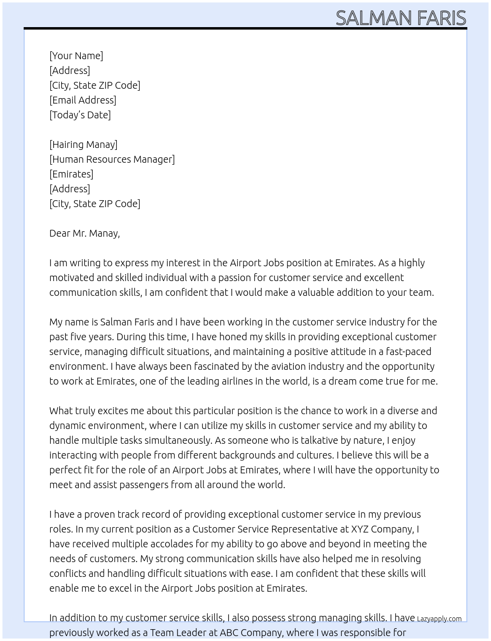 Airport jobs At Emirates  Cover Letter