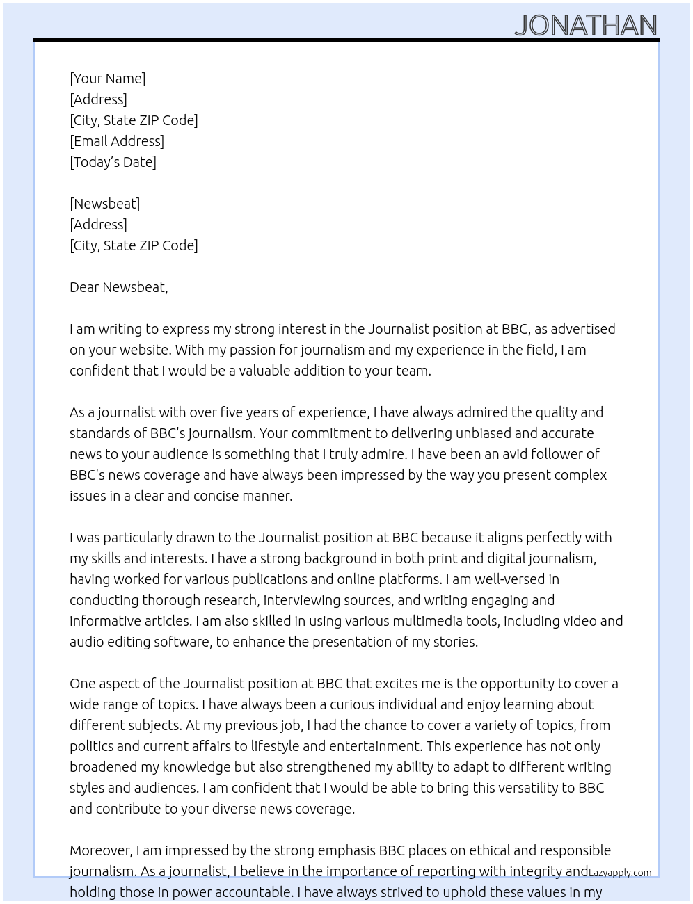 Journalist At bbc Cover Letter