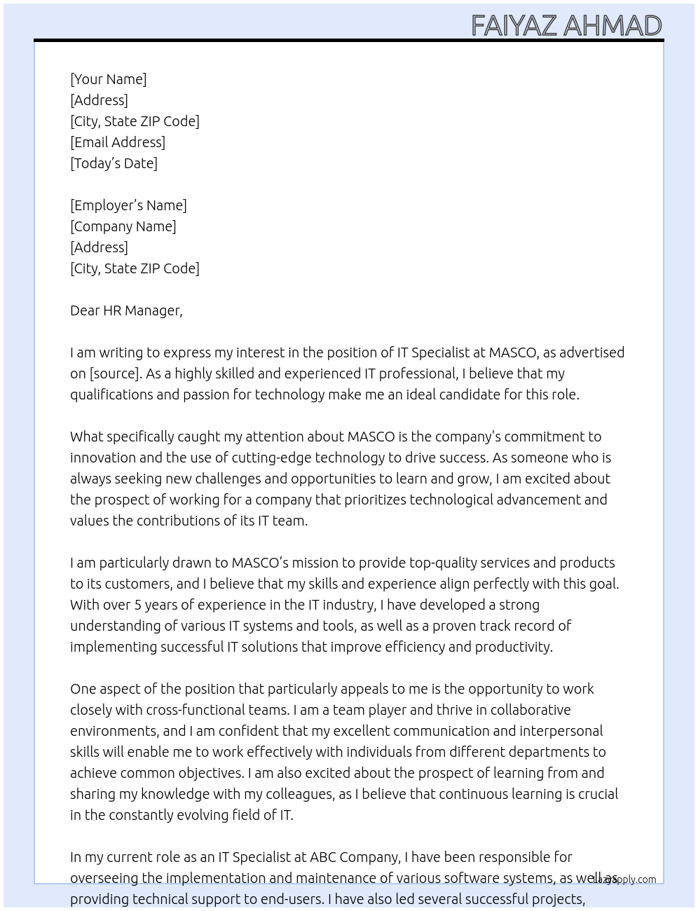 IT Specialist At MASCO Cover Letter