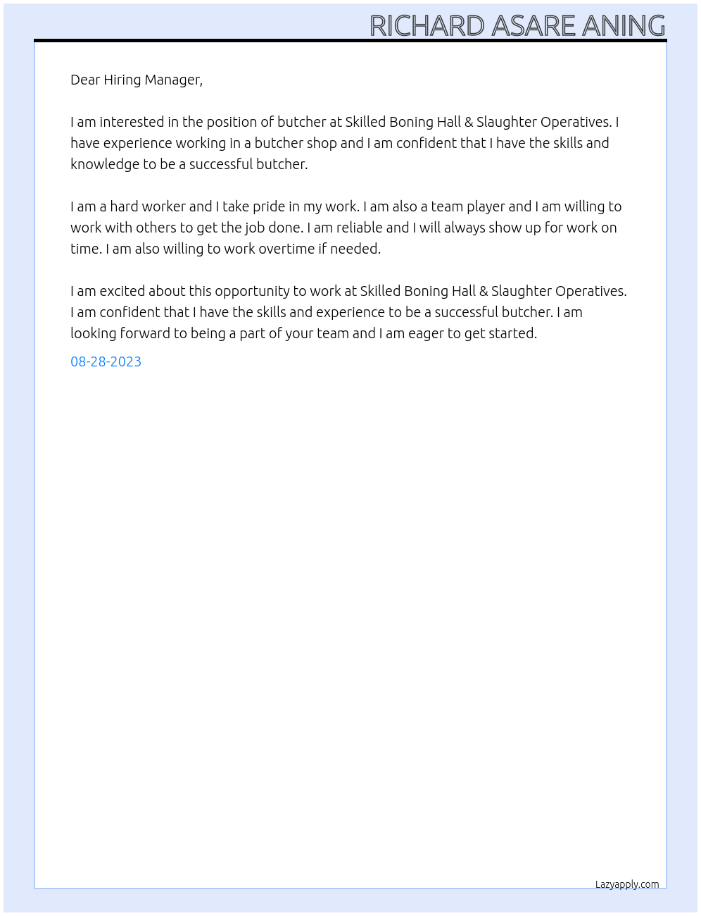 BUTCHER At Skilled Boning Hall & Slaughter Operatives Cover Letter