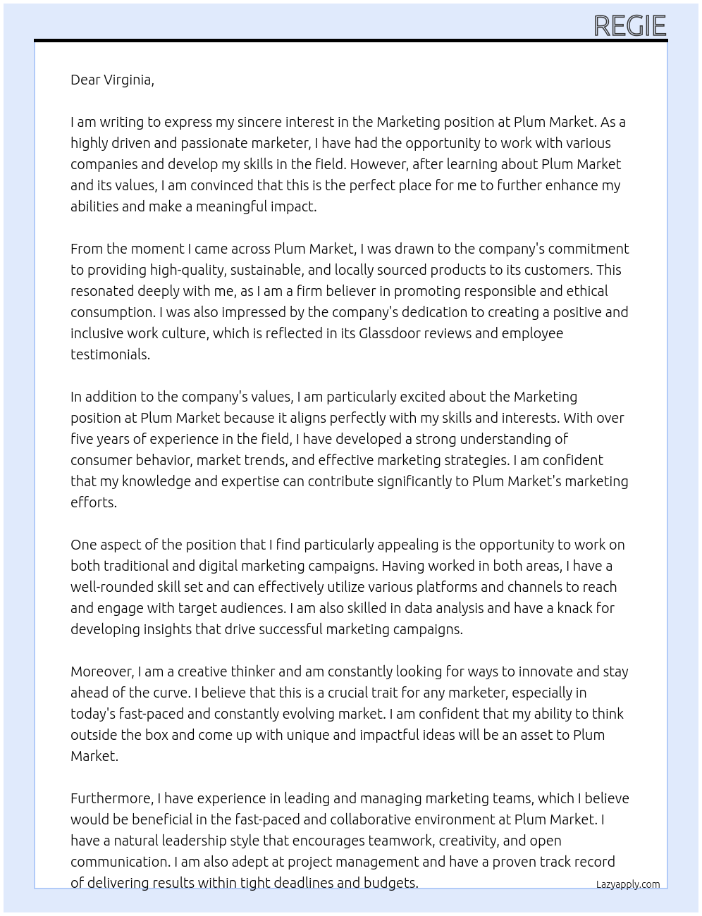 Marketing At Plum market Cover Letter