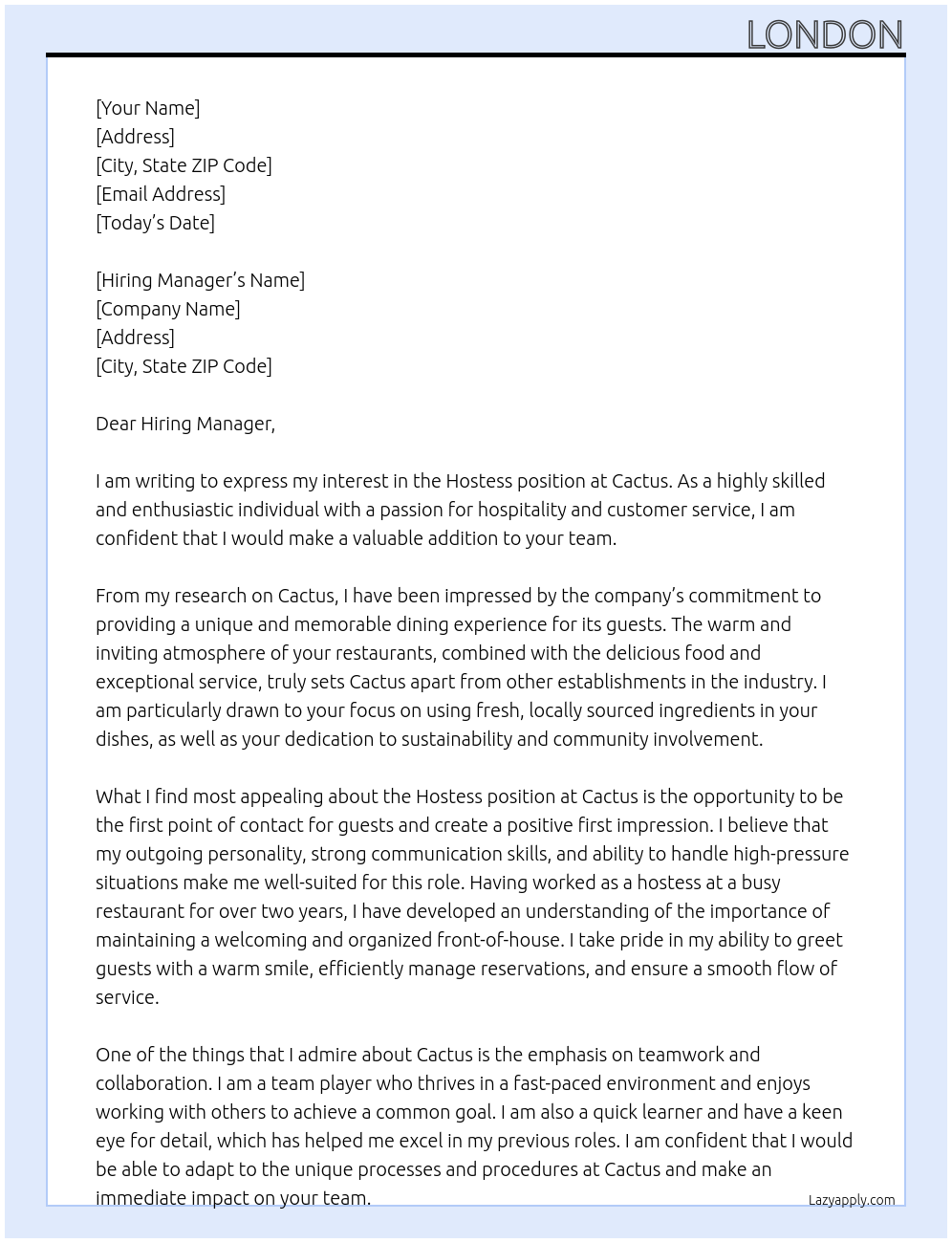 Hostess At Cactus Cover Letter