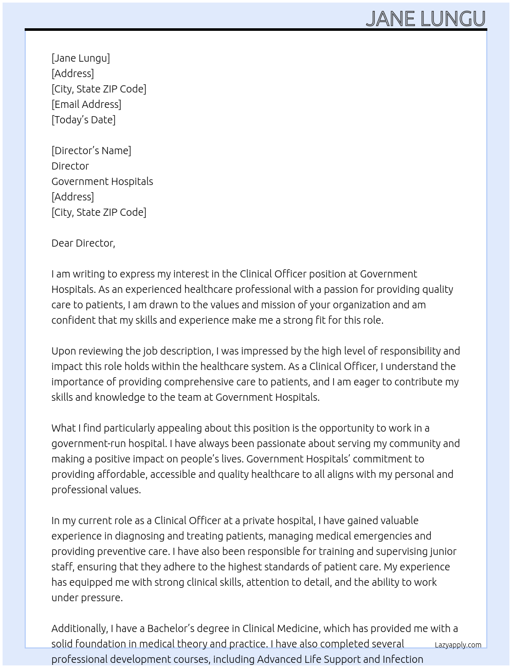 Clinical Officer  At Government Hospitals  Cover Letter