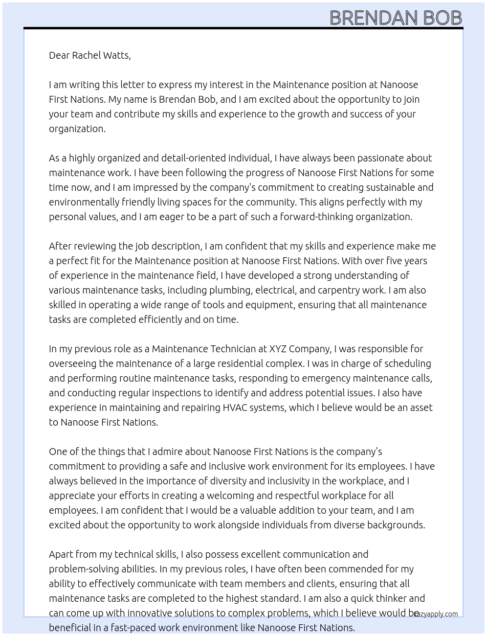 Maintenance  At Nanoose First Nations  Cover Letter